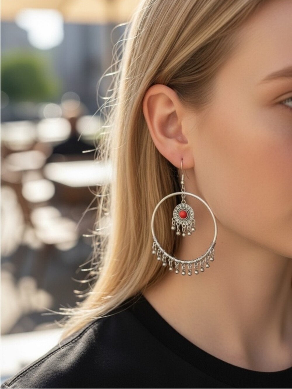 Silver Hoop Drop Earrings with Red Accent